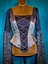 blue silk corset with pearls and lace, front view